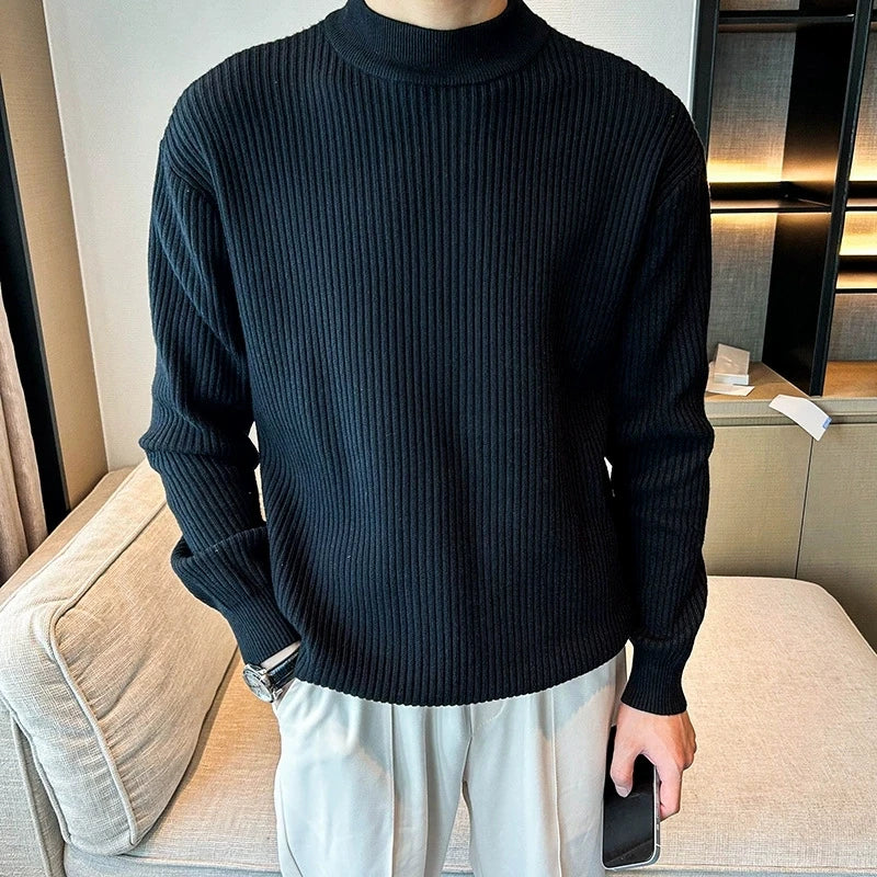 Threebooy  New Korean Retro Men Basic Sweaters Luxury Knit Solid Color Mock Neck Long Sleeve Pullover Casual Textured High Quality Knitwear