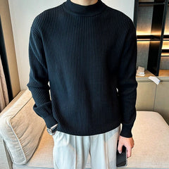 Threebooy  New Korean Retro Men Basic Sweaters Luxury Knit Solid Color Mock Neck Long Sleeve Pullover Casual Textured High Quality Knitwear