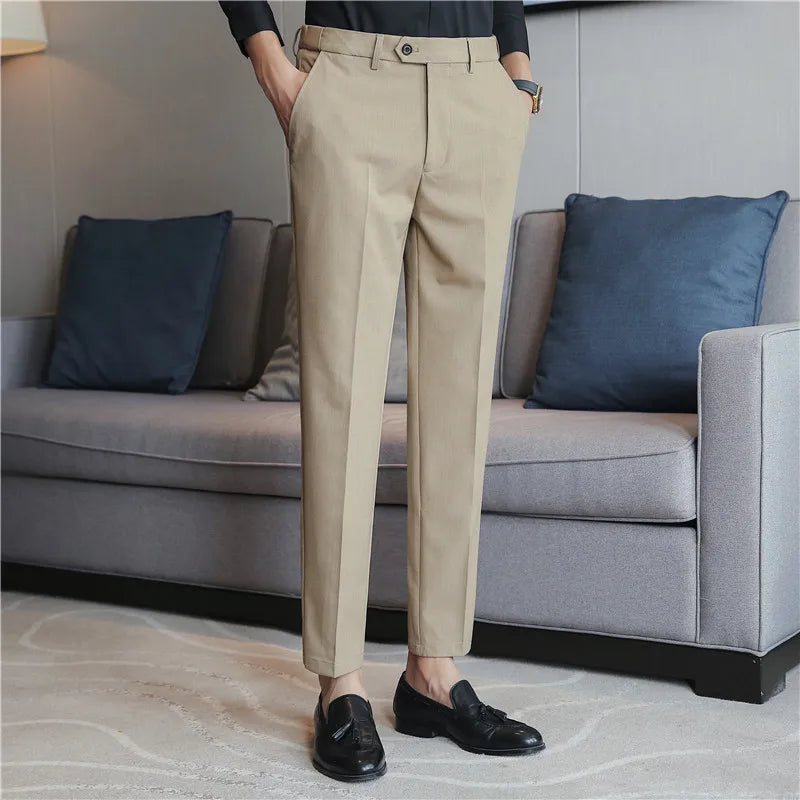 Threebooy British Style New Solid High Waist Suit Pant Men Business Formal Wear Trousers High Quality Slim Casual Office Suit Pants 28-38