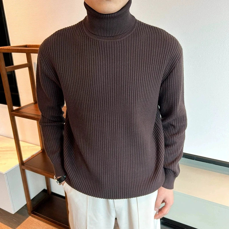 Threebooy  New Korean Retro Men Basic Sweater Luxury Knit Solid Color Turtleneck Long Sleeve Pullover Casual Textured High Quality Knitwear
