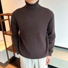 Threebooy  New Korean Retro Men Basic Sweater Luxury Knit Solid Color Turtleneck Long Sleeve Pullover Casual Textured High Quality Knitwear