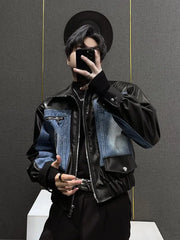 Threebooy Cargo Retro Patchwork Leather Denim Jacket Men Autumn Niche Patchwork Design High-end K-pop Short Jacket Casual Top
