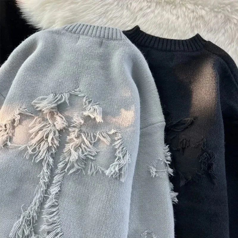 Threebooy Y2k Streetwear Sweater Men New Retro Hole Fringed Sweater Loose Versatile Knitwear Pullovers Long Sleeve Jumpers Clothing