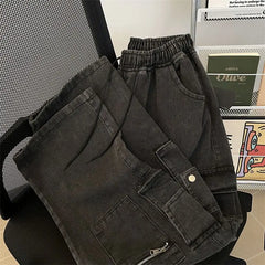 Threebooy  Autumn American high street men and women trendy straight tube multi pocket workwear jeans for couples loose retro casual pants