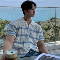 Threebooy Men's Clothing Fashion Tops Light Luxury Korean Popular Knit Polo Shirt Leisure V Neck Short Sleeve Solid Color Striped Knitwear