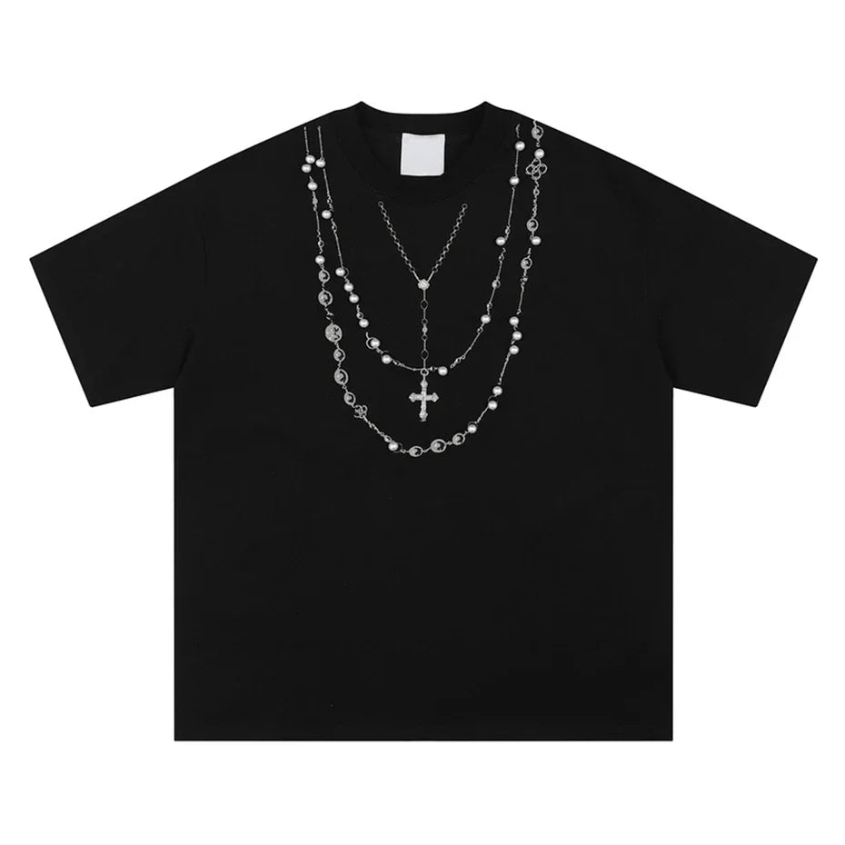Threebooy  Mens Short Sleeve T-Shirts Streetwear Punk Cross Necklace Print Tees Tops Men Oversized Harajuku Y2k Hip Hop Black T Shirts Male