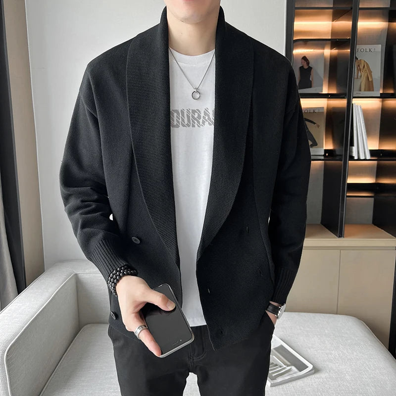 Threebooy  Double-Breasted Cardigan Sweater Men Spring Clothes Knitted Sweater Coat Pure Color Men Casual New Slim Fit Brand Clothes