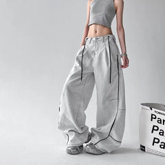 Threebooy Korean High Street Hip-Hop Wide Leg Pants Women'S Jeans Striped Color Blocked Casual High Waisted Loose Straight Leg Pants