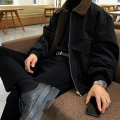 Threebooy Lamb Coat Men's Winter Velvet Thickened Short Autumn High Street Jacket Turndown Colllar Long Sleeves Zipper Pockets Jackets