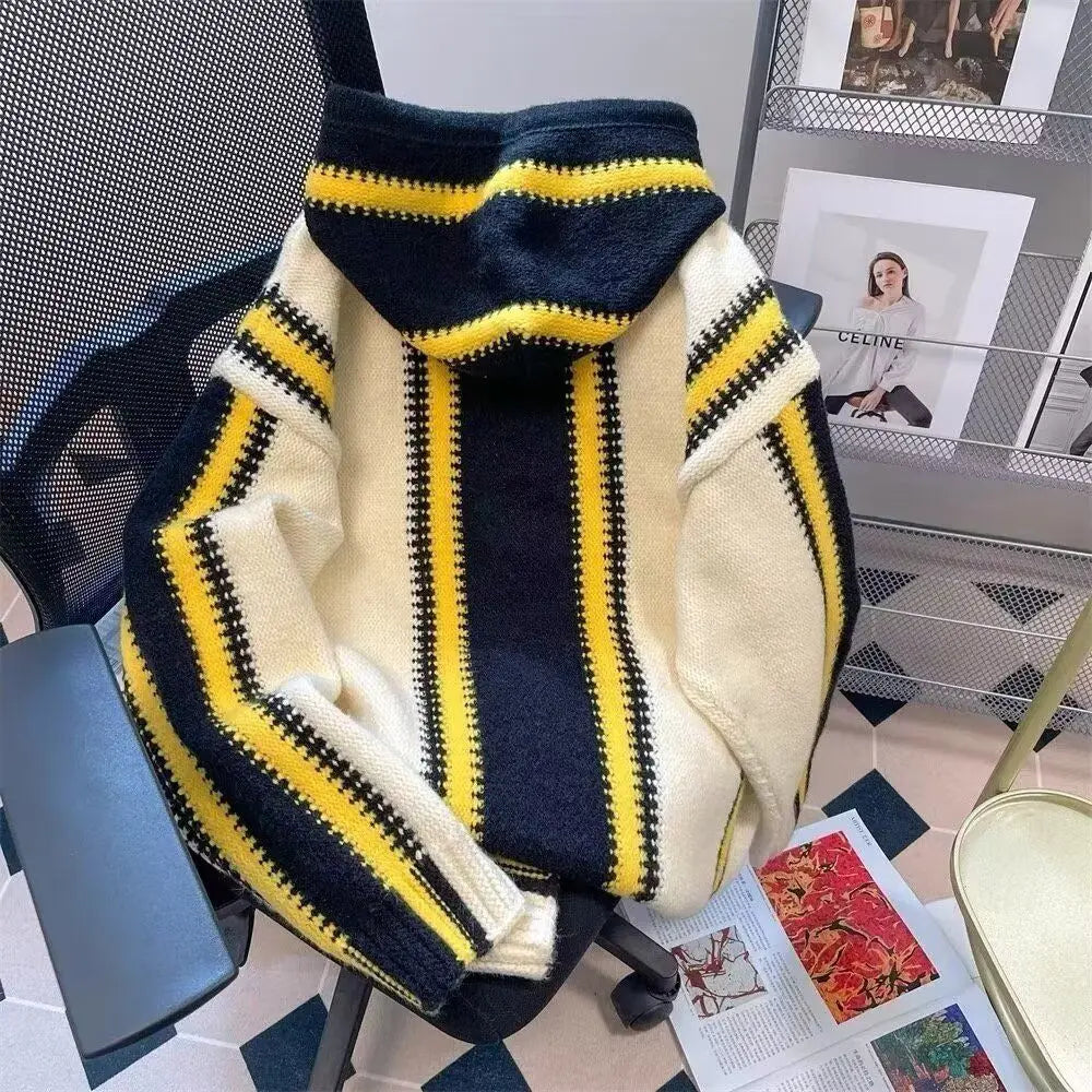 Threebooy Korean street style men and women trendy color blocked striped hooded sweater for couples autumn and winter loose retro casual