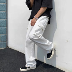Threebooy  Male Trousers White Aesthetic Men's Cargo Pants Wide Multi Pocket Summer Multipockets Straight Clothing Long Fashion Regular Fit