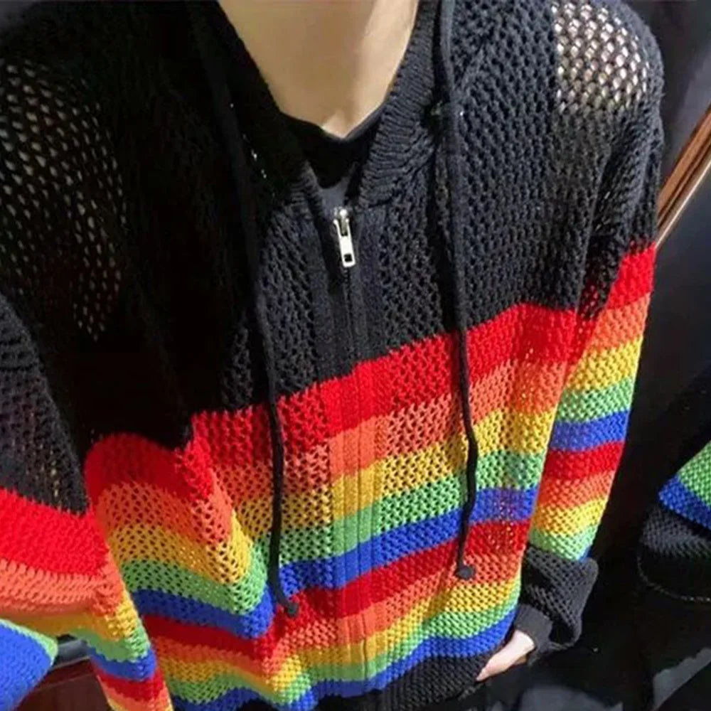 Threebooy Mens Hoodie Colorful Stripes Thin Hollow Knitted Jacket Streetwear Versatile Youth Vacation Campus Couple Blouse Men'S Clothing