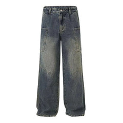 Threebooy Korean Style Large Pocket Workwear Jeans Retro Blue Men'S Baggy Jeans Straight Leg Pants Casual Wide Leg Pants Casual Pants