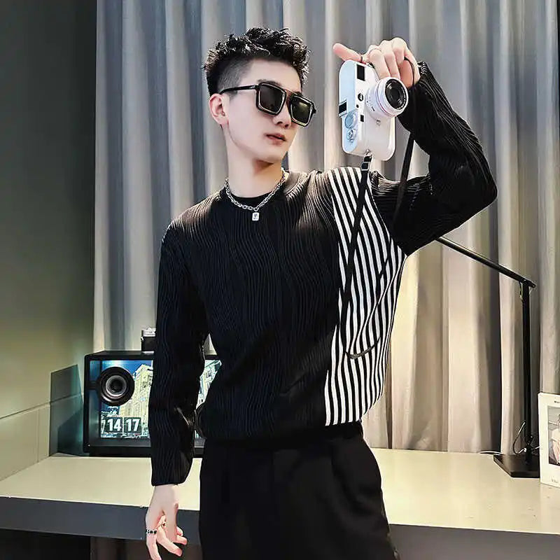 Threebooy Men Trendy Corrugated Sweatshirts High-end Pullovers T-shirts New Men Tops Long-sleeved T-shirts Tops