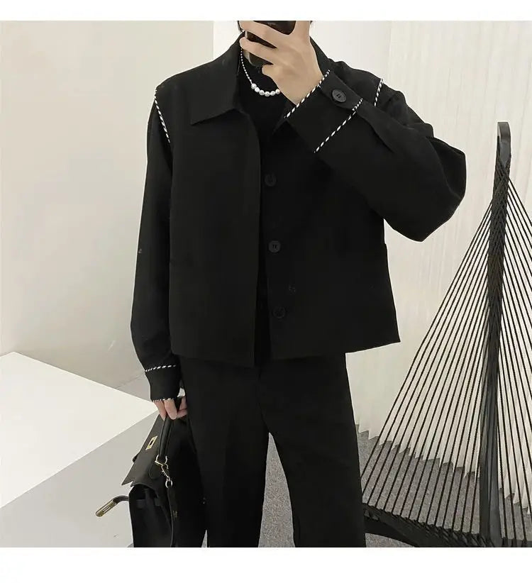 Threebooy Fashion Black Stitching Jacket Men's Buttons Spring Autumn New Loose Turndown Collar Single-breasted Long Sleeves Tops Jackets