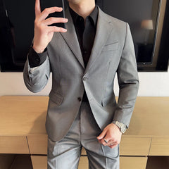 Threebooy  Men's bird's eye pattern high-end craftsmanship summer thin suit set, two-piece wedding banquet business casual suit