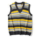 Threebooy Striped Vintage Sweater Vest Men's Knitted Sleeveless Men Sweaters Retro V-neck Pullover Japanese Streetwear Harajuku