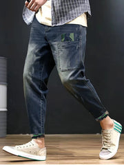 Threebooy  Tapered Work Pants Men Fashion Hip Hop Patchwork Streetwear Casual Pants Male Vintage Hole Little Feet Denim Pants