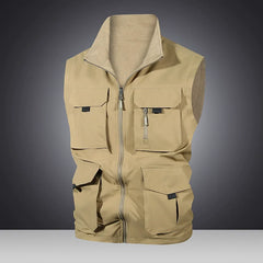 Threebooy  Spring Autumn Men's Double Sided Vest Sports Casual Fishing Multi-Pocket Solid Sleeveless Jacket Male Stand Collat Waistcoat