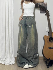 Threebooy Spring and Autumn New Men and Women Trendy Personalized Straight Tube Splicing Jeans for Couples Loose Retro Casual Pants