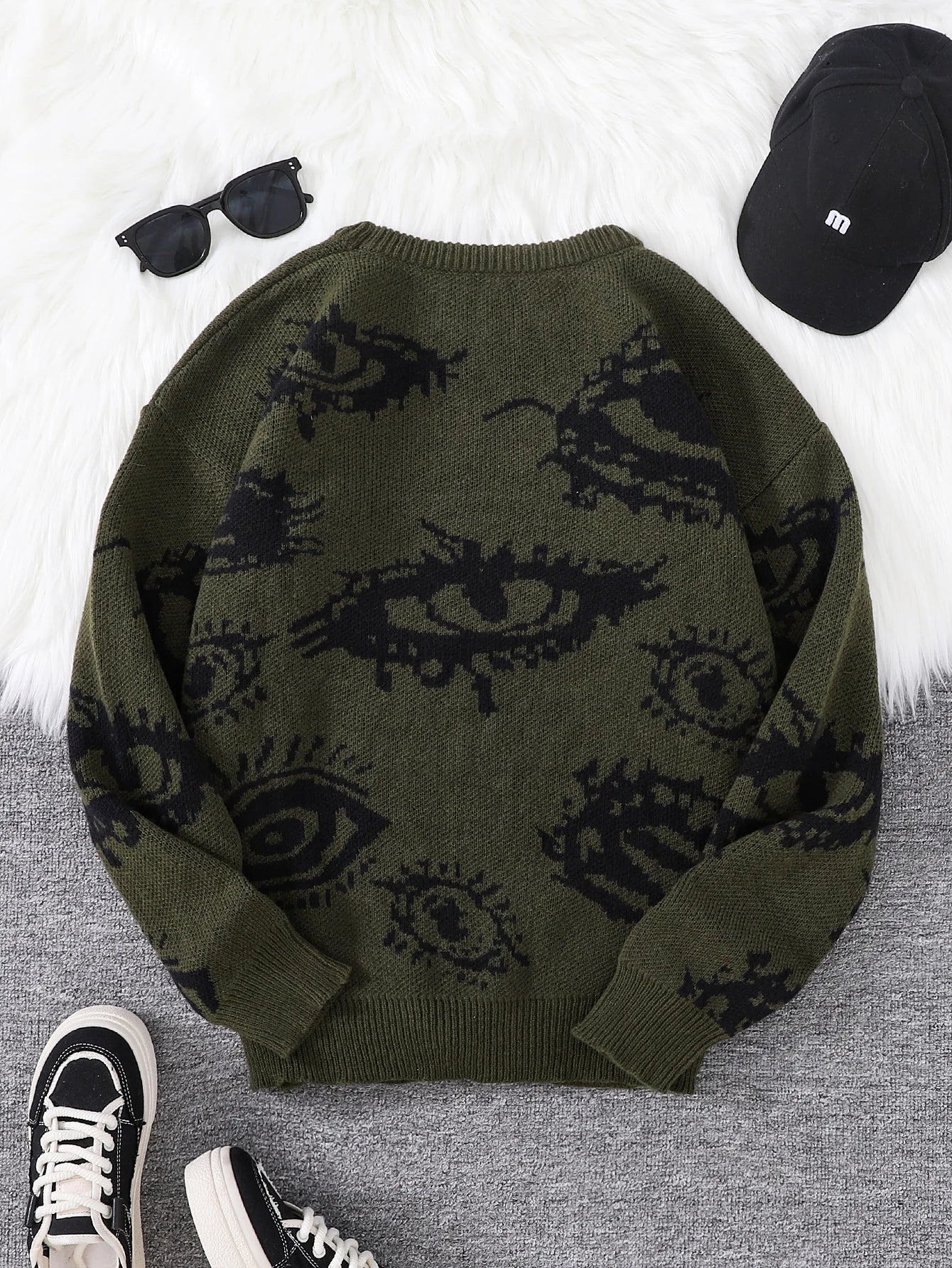 Threebooy  New Popular Autumn and Winter Abstract Eye Jacquard Pattern Pullover Sweater Casual Round Neck Knitted Men's Pullover