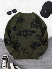 Threebooy  New Popular Autumn and Winter Abstract Eye Jacquard Pattern Pullover Sweater Casual Round Neck Knitted Men's Pullover