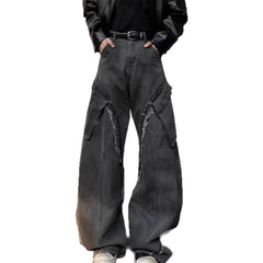 Threebooy  Retro American Washed Dirty Grey Denim Jeans High Street Loose Fit Men's Women's Long Pants with Big Pockets Straight Leg