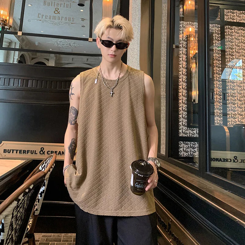 Threebooy Men Ice Silk Hellow Sleeveless TShirts O-Neck Vest Summer Male Loose Casual Tank Tops Fashion Oversized Singlets Male Clothing