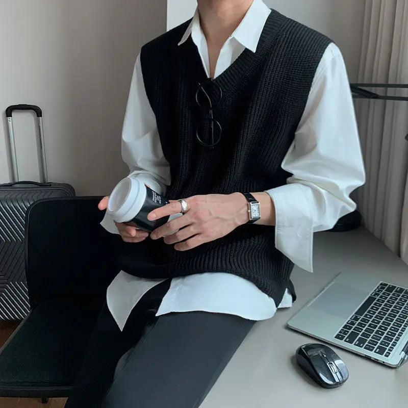 Threebooy V Neck Sweater Man Blue Waistcoat Jumpers Loose Knit Vests for Men High Quality Elegant Vintage Y2k Smooth Casual Korean Style