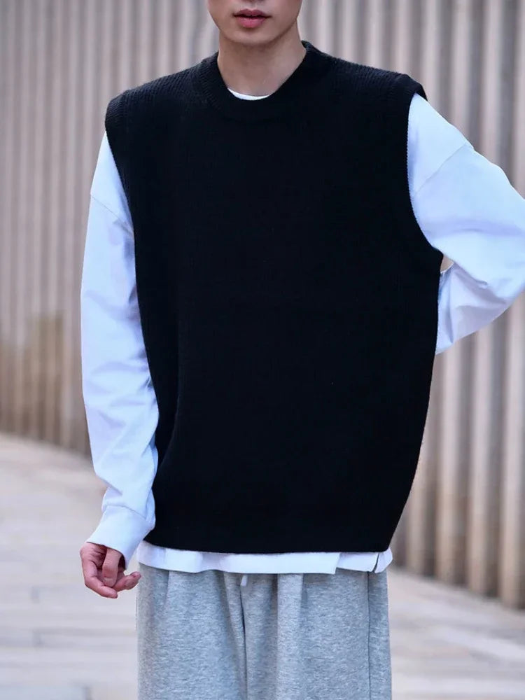 Threebooy Knit Sweater Male Sleeveless Solid Color Men's Clothing Waistcoat Vest Crewneck Black Round Collar Plain Korean 2024 Autumn Old