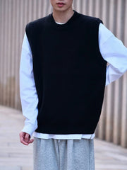 Threebooy Knit Sweater Male Sleeveless Solid Color Men's Clothing Waistcoat Vest Crewneck Black Round Collar Plain Korean 2024 Autumn Old