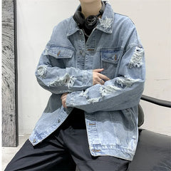 Threebooy Hole Denim Jacket Men Fashion Loose Hip Hop Streetwear Coat Solid Turn Dow Collar Single Breasted Mens Jean Jackets Male Outwear