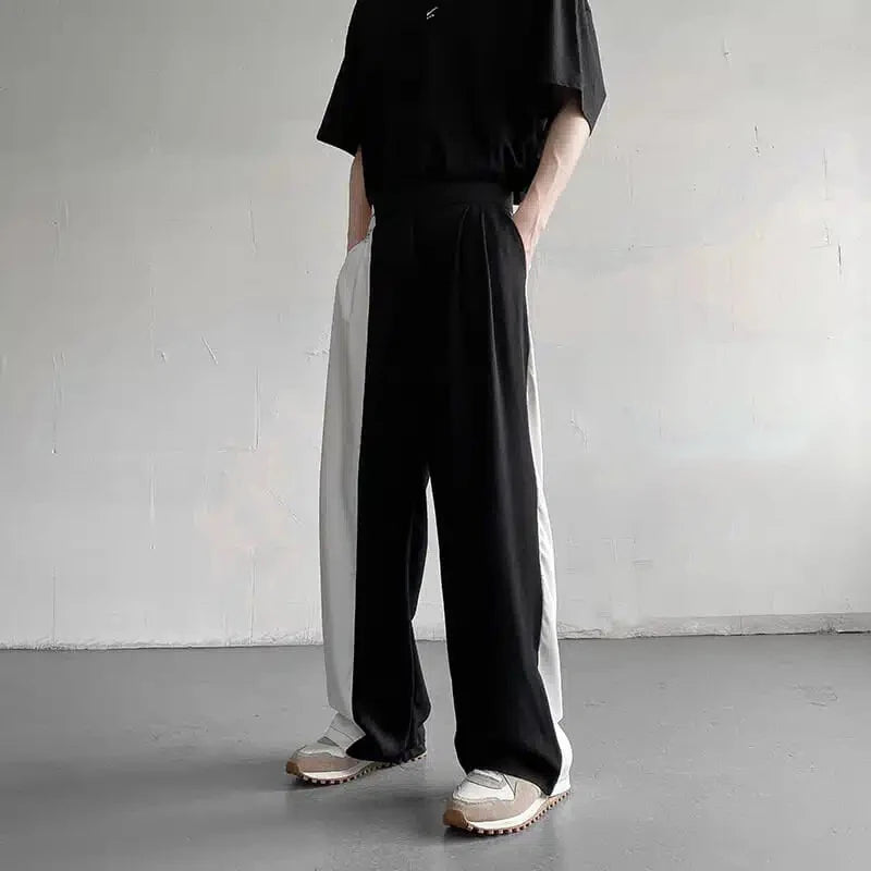 Threebooy Fashion Trend Black White Solid Color Asymmetrical Elastic Waist High Casual Full Length Pants Straight Loose Men's Clothing