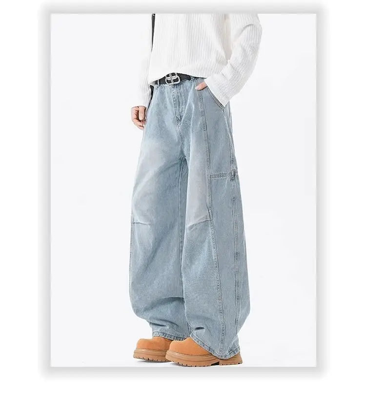 Threebooy Hip hop personality trend men and women straight leg washed jeans American couple loose retro curved knife casual pants y2k