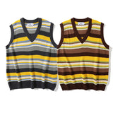 Threebooy Striped Vintage Sweater Vest Men's Knitted Sleeveless Men Sweaters Retro V-neck Pullover Japanese Streetwear Harajuku