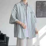 Threebooy Half Sleeve Shirts Men Casual Stripe Shirts Streetwear Oversize Blouses Single Breasted Male Clothing Harajuku Summer