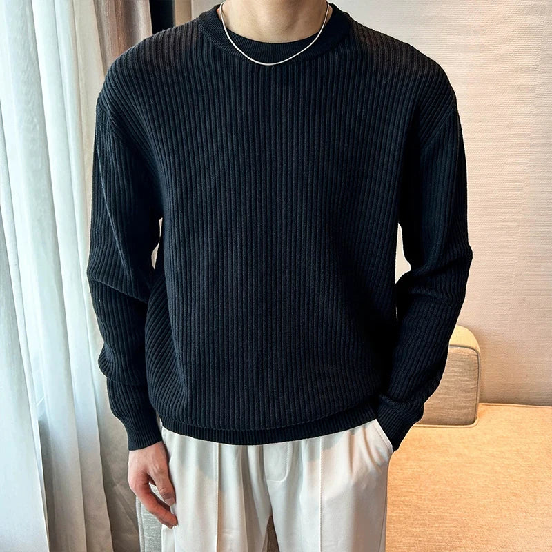 Threebooy  New Korean Retro Men Basic Sweater Luxury Knitted Solid Color O Neck Long Sleeve Pullover Casual Slim Premium Quality Knitwear