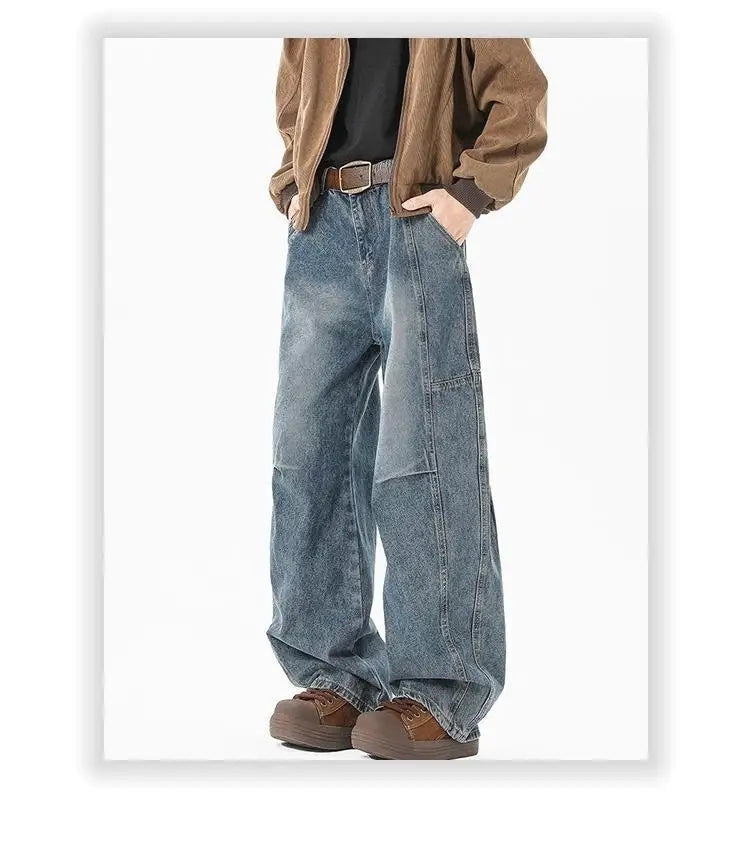 Threebooy Hip hop personality trend men and women straight leg washed jeans American couple loose retro curved knife casual pants y2k