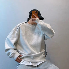 Threebooy  Hip Hop Sweatshirt Loose Shoulder-down Steel Stamp Raised Letter Zipper O-neck Shirt Men's High-end Hat-free Clothing