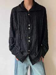 Threebooy  High-end Pleated Texture Shirt Men Draped Loose Casual Top French Retro Long-sleeved Shirt Unisex Vintage Elegant Button Blouse