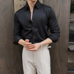 Threebooy  New Seamless Waffle V-neck Shirt Men's Long Sleeved Casual Business Dress Shirts Solid Color Slim Streetwear Social Shirt