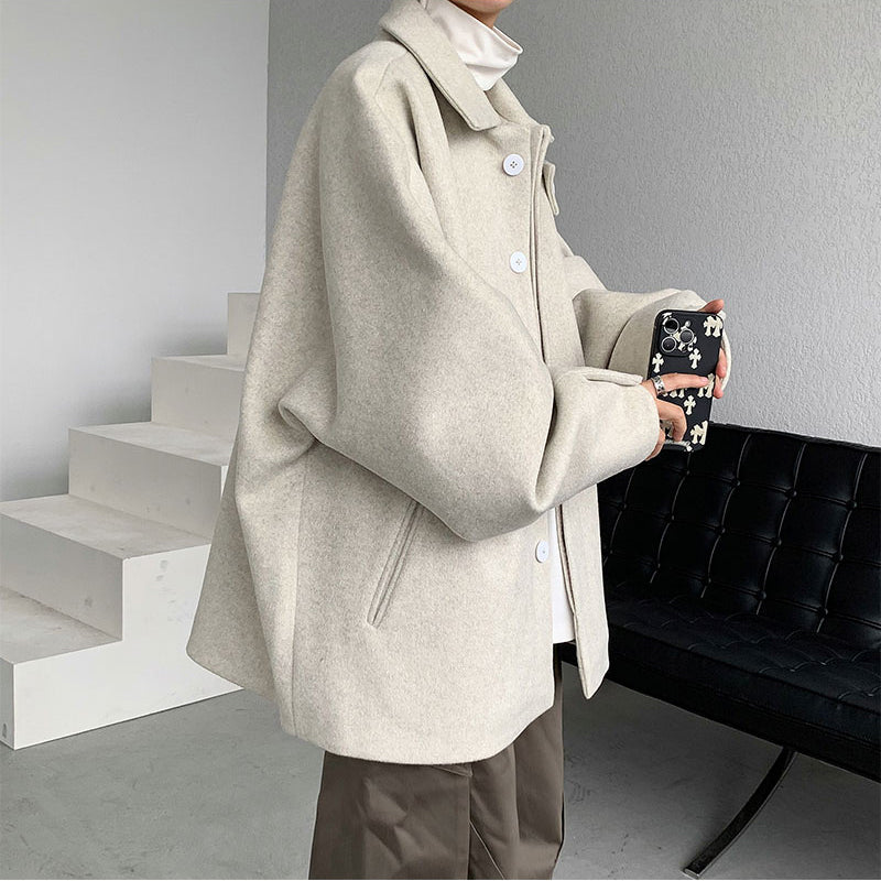 Threebooy Streetwear Woolen Coat Men's Autumn Winter Minority Lapel Jacket American Retro Loose Casual Asymmetrical Jacket