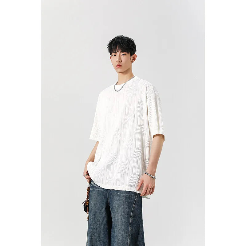 Threebooy Round Neck Ice Silk Pleated T-Shirt Men's Quick Drying Breathable Casual T Shirt Leisure Sport T-shirt Men Plus Size 8XL-M