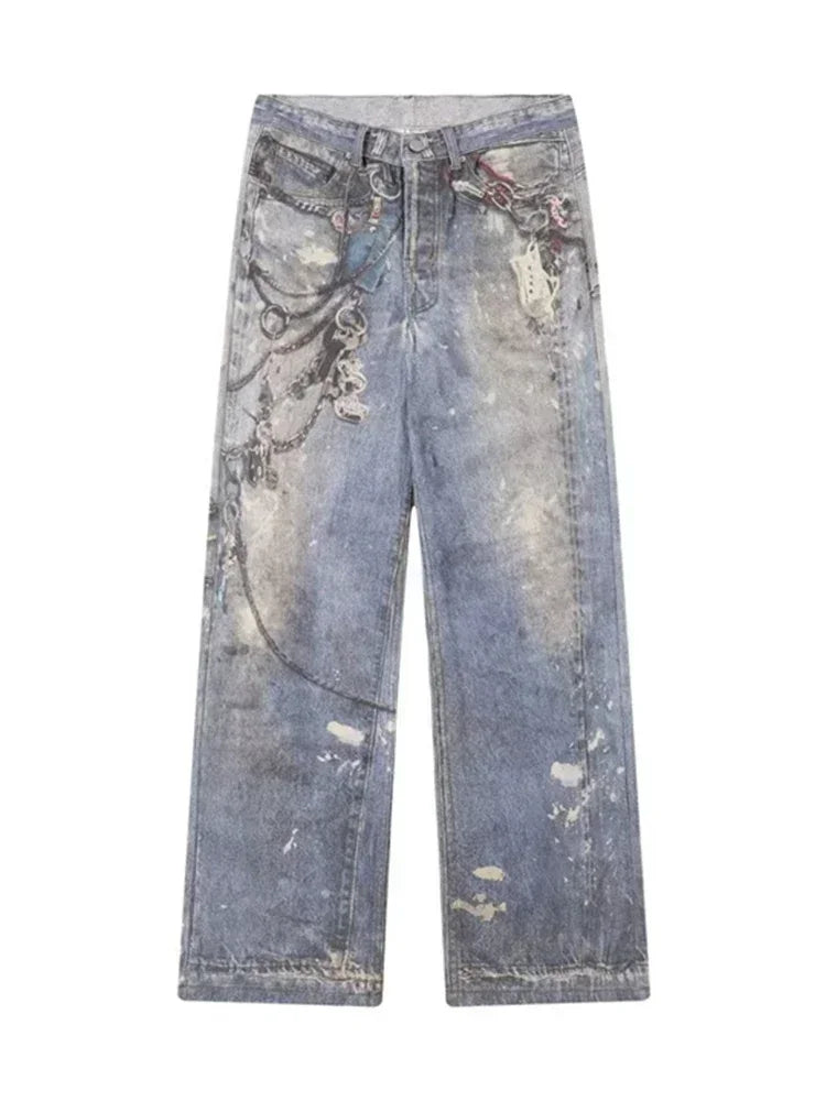 Threebooy  New Men's 3D Chain Printed Baggy Jeans Autumn Casual Baggy Straight Denim Pants Women High Street Blue Wide-leg Y2K Jean