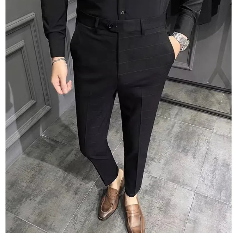 Threebooy Spring Summer New Plaid Dress Pants Men Clothing Business Formal Wear Slim Fit Office Trousers 36 38