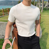 Threebooy British Style Summer Ice Silk Short Sleeve Knitted T Shirts Men Simple Pure Color O-Neck Casual Slim Tee Shirt Top Homme M-3XL