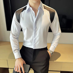 Threebooy  British Style PU Patchwork Shirt for Men Large Lapel Long Sleeve Shirt Casual Business Dress Shirts Social Party Banquet Shirt