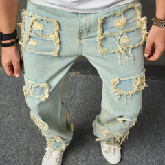 Threebooy Retro Style Men HipHop Ripped Patch Spliced Biker Jeans Men's Stylish Motorcycle Casual Straight Denim Pants