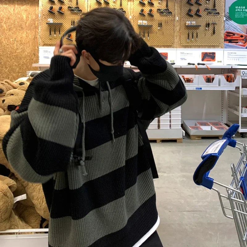 Threebooy Fashion Striped Sweater Men's Autumn Korean Version New Loose Trend Lazy Style Retro Hooded Pullover Sweater Jacket Chic