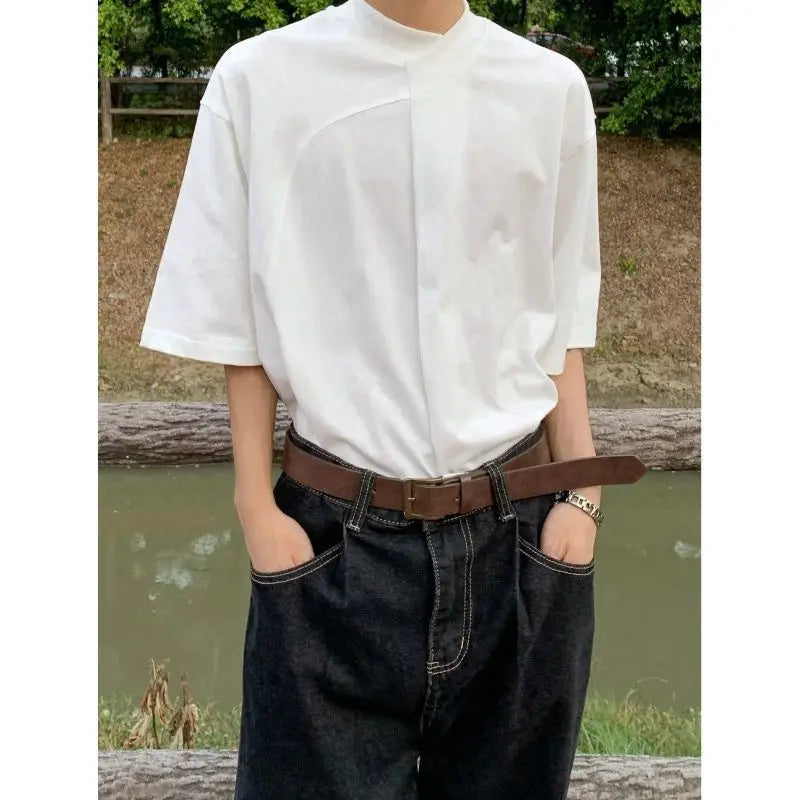 Threebooy Minimalist Retro Top Chinese Stand Collar Irregular Splicing Niche T-shirt Round Neck Simple Solid Color Short Sleeves Tees Men
